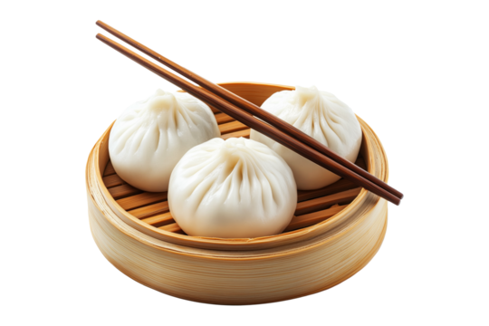 Steamed dumplings in bamboo steamer with wooden chopsticks placed on top, isolated on a white transparent background, concept of Asian cuisine
