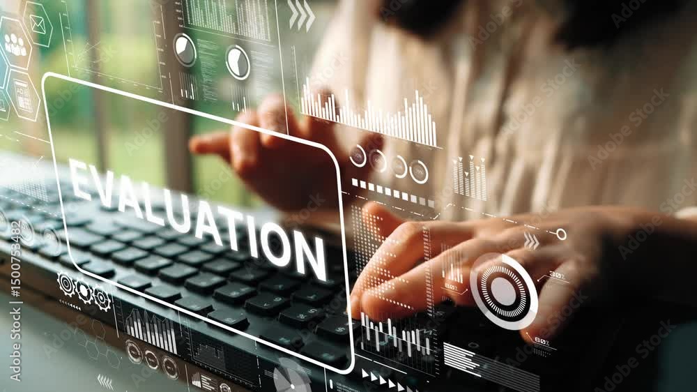 Poster Hands Typing on Keyboard with Digital Evaluation Graphics and Data Analysis Visualization Overlay for Business Insights. Asymptotic smart data analytic.