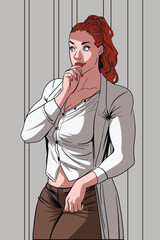 Red-haired young woman leaning against wall and observing secretly cartoon style illustration