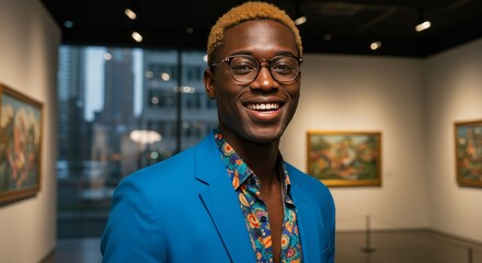 Photo of a Smiling Man in a Gallery with Artworks and Formal Wear