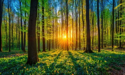 Obraz premium Sunlit Forest Path Beckons With Green Canopy