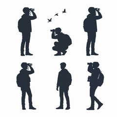 Birdwatcher silhouettes with binoculars, bird watching
