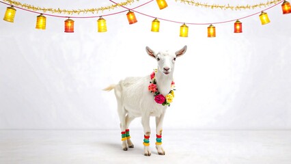 Festive white goat adorned with flowers and colorful leg warmers under hanging lanterns