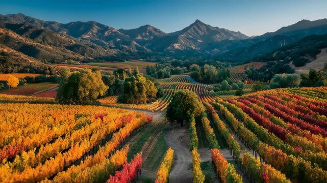 Aerial Autumn Vineyard with Rolling Hills/秋のぶどう園と丘の空撮4