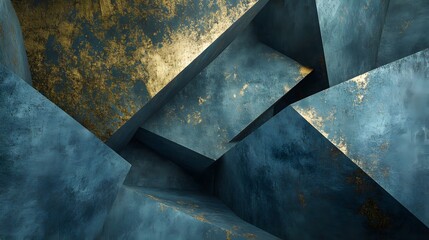 Abstract geometric shapes in deep teal and gold.