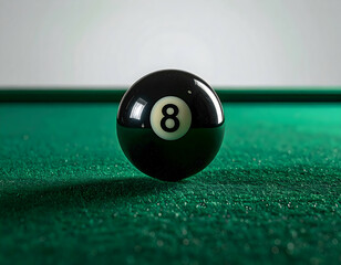 A close-up of an eight ball on a green felt pool table, highlighting its glossy surface and the soft lighting in the background
