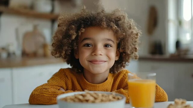 smiling boy having breakfast with cereal with milk and orange juice at table in kitchen, kid eating tasty food