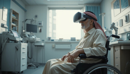 Elderly man wearing a VR headset sitting in a wheelchair in a hospital room