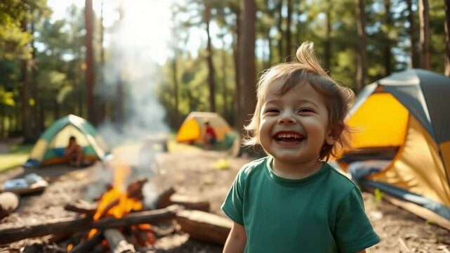 happy child in children's summer camp, boy, tent, camping in forest, scout, tourism, travel, hike, kid, bonfire