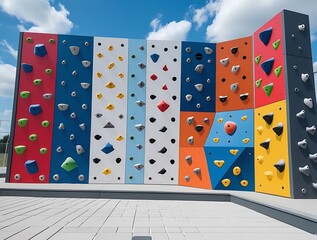 Vibrant bouldering wall featuring red, blue, yellow, and white panels with climbing grips of various shapes, used for exercise, challenge, and recreational adventure

