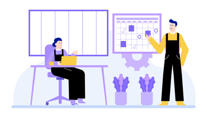 Two people working in an office with a calendar on the wall. Suitable for business, teamwork concepts in workplace settings.