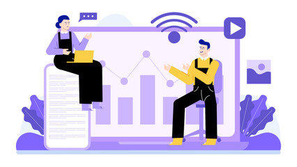 Two people discuss presentation graphs. Suitable for business articles, presentations, marketing materials, or educational content on data analysis or communication.