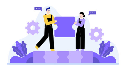 Two people connecting a large purple puzzle piece. Suitable for teamwork, collaboration, problem solving concepts in business presentations or designs.