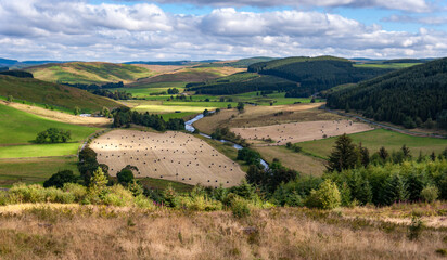 Scenic rural landscape with rolling hills, fields, and a winding river on a sunny day in the countryside