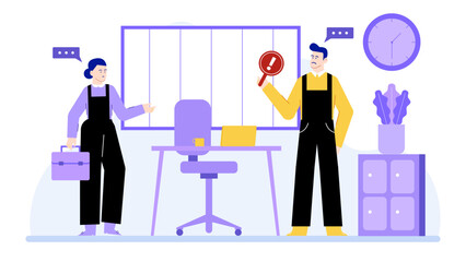 Two people in office, one holding exclamation sign. Suitable for business presentations, corporate blogs, officer elated designs, announcing special offers.