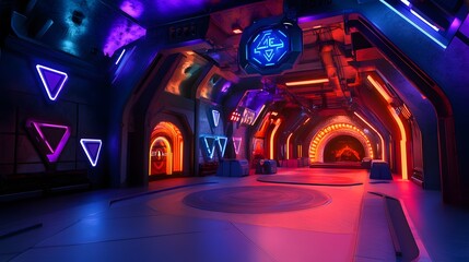Futuristic tunnel interior with vibrant neon lighting.