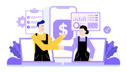 Two people shaking hands in front of a computer screen, perfect for business websites, presentations, blog posts, office related content.