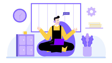 Man working with headphones and laptop. Digital nomad working remotely illustration. Suitable for technology, remote work, and online communication concepts in various marketing materials.