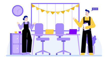 Two people standing in a room with desk chairs and a clock. Office celebration for project completion