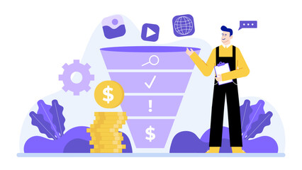 Man explaining a sales funnel, suitable for business presentations, marketing materials, blog posts, and social media content creation. Sales funnel optimization for e-commerce business.