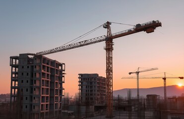 Fototapeta premium Cranes operating on a construction site during sunset, developing new residential apartment buildings against a vibrant skyline