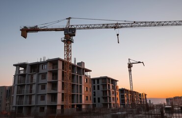 Tower cranes operating on a construction site, building modern apartment complexes while the sun sets over the urban skyline