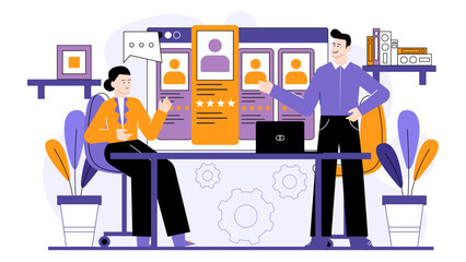 Two people discussing star ratings on computer. Suitable for reviews, customer feedback, technology concepts, user ratings, online evaluations.