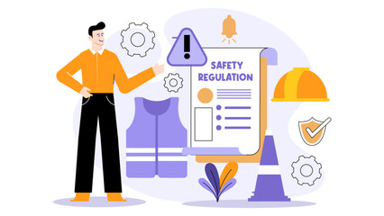 Safety regulations illustrated by a man in a hard hat and safety vest, ideal for construction or industrial safety concepts. Workplace safety and office health standards