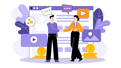 Two people shake hands in front of a website for online business partnership, entrepreneur collaboration, web design services promotion.