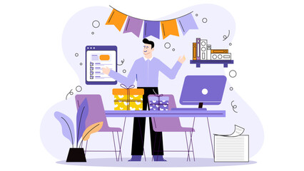 Man with gifts and computer at a desk. Office celebration for project completion