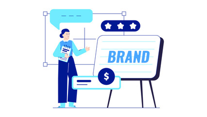 Woman presenting a brand strategy. Ideal for marketing presentations, business proposals, advertising campaigns, brand development concepts, and corporate brochures.