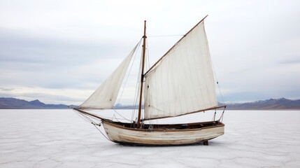 Vintage sailboat on a vast, white salt flat