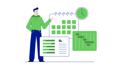 Man presenting charts and a calendar, suitable for business presentations, financial reports, or project planning materials. Perfect for professionals.