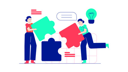 A teamwork concept of two individuals collaborating on a jigsaw puzzle, ideal for illustrating partnership, problemsolving, unity, and collaboration.