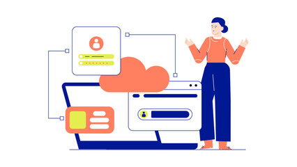 Woman standing by laptop with cloud and login form. Ideal for technology, remote work, data security, cloud computing concepts.