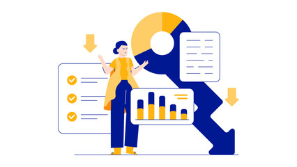 Woman stands near charts and a key with a downward arrow. Suitable for finance, data analysis, business trends, stock market concepts.