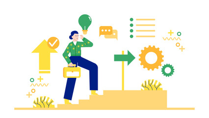 Woman climbs stairs with a briefcase in her hand. Suitable for business or careerrelated concepts, office environments, success, and ambition.