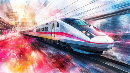 Fototapeta premium High Speed Train in Motion Blur Through Urban Cityscape