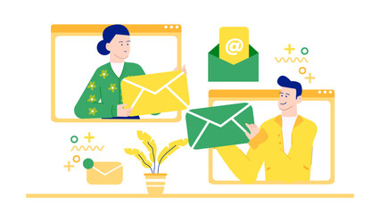 Business communication via chat and e-mail. Suitable for business communication concepts, online messaging services, and technology presentations.