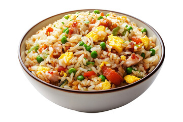Fried rice with peas, scrambled eggs, red bell peppers, and beef pieces in ceramic bowl isolated on white transparent background, concept of Asian cuisine