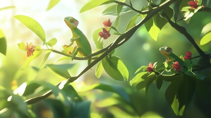 Forest Chameleons on Branch Sunlight
