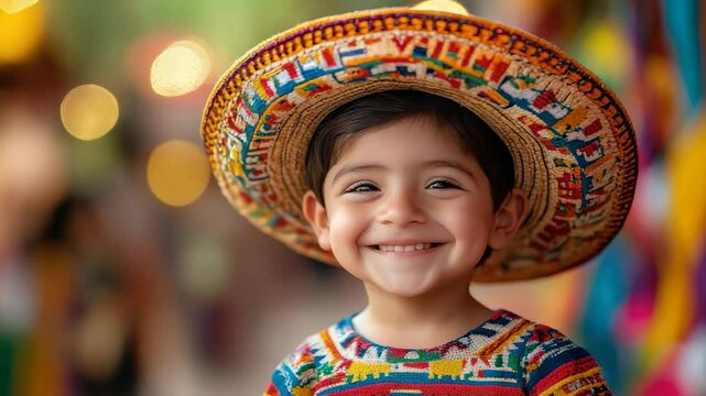 Little cute adorable mexican boy in sombrero on blurred festive background on mexico city street, child, mexico, kid, toddler, national traditional clothes, hat