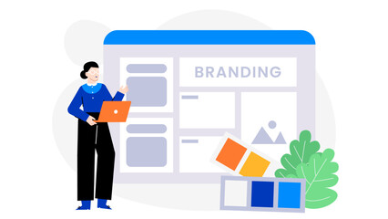 Woman showcases branding website with a laptop for business presentation or digital marketing concept in a professional setting. Suitable for corporate or digital marketing websites.