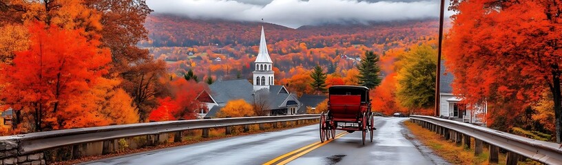 Autumnal village road, horse carriage