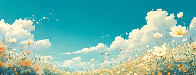 Sunny field, white flowers, blue sky. Summer postcard