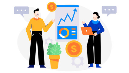 Two people in discussion over business plan with charts. Suitable for presentations, business websites, financial reports, marketing materials.