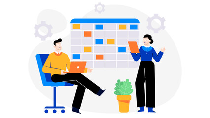 Two people working with a calendar, planning project together. Suitable for teamwork, collaboration, project management concepts in design projects.