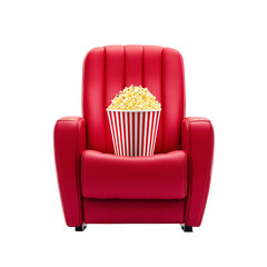 Red movie theater seat with popcorn bucket on white background