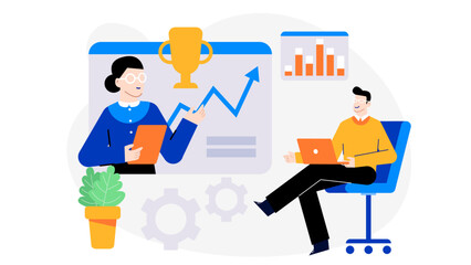 Businesswoman presenting success graph to colleague; office setting with laptop and plant; teamwork, achievement, progress, collaboration, success.