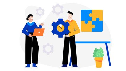Two people work on a puzzle featuring gears, suitable for teamwork, problem solving, engineering, innovation, collaboration, and mechanical concepts.